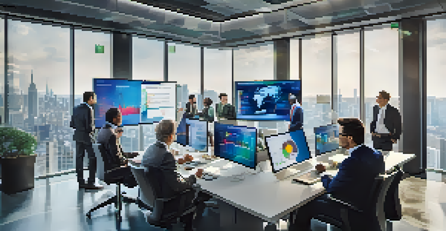 A group of investors analyzing economic indicators on a digital screen in a modern office setting.