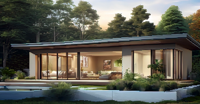 A modern energy-efficient home with large windows, solar panels, and lush greenery, illuminated by warm golden hour light.