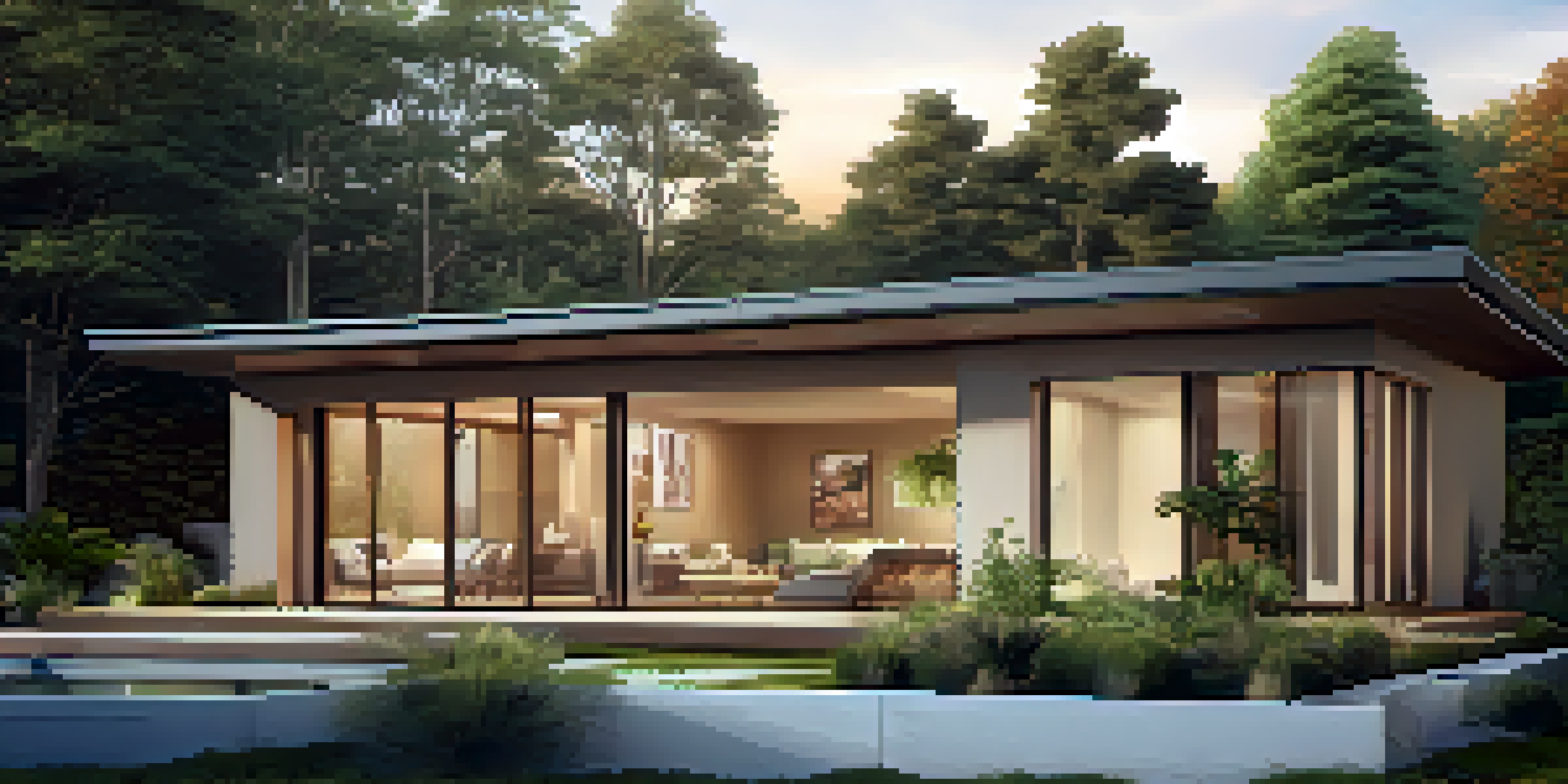 A modern energy-efficient home with large windows, solar panels, and lush greenery, illuminated by warm golden hour light.