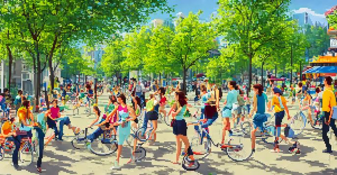A lively urban street scene with millennials engaging in outdoor activities, including walking and cycling, with modern buildings and greenery in the background.