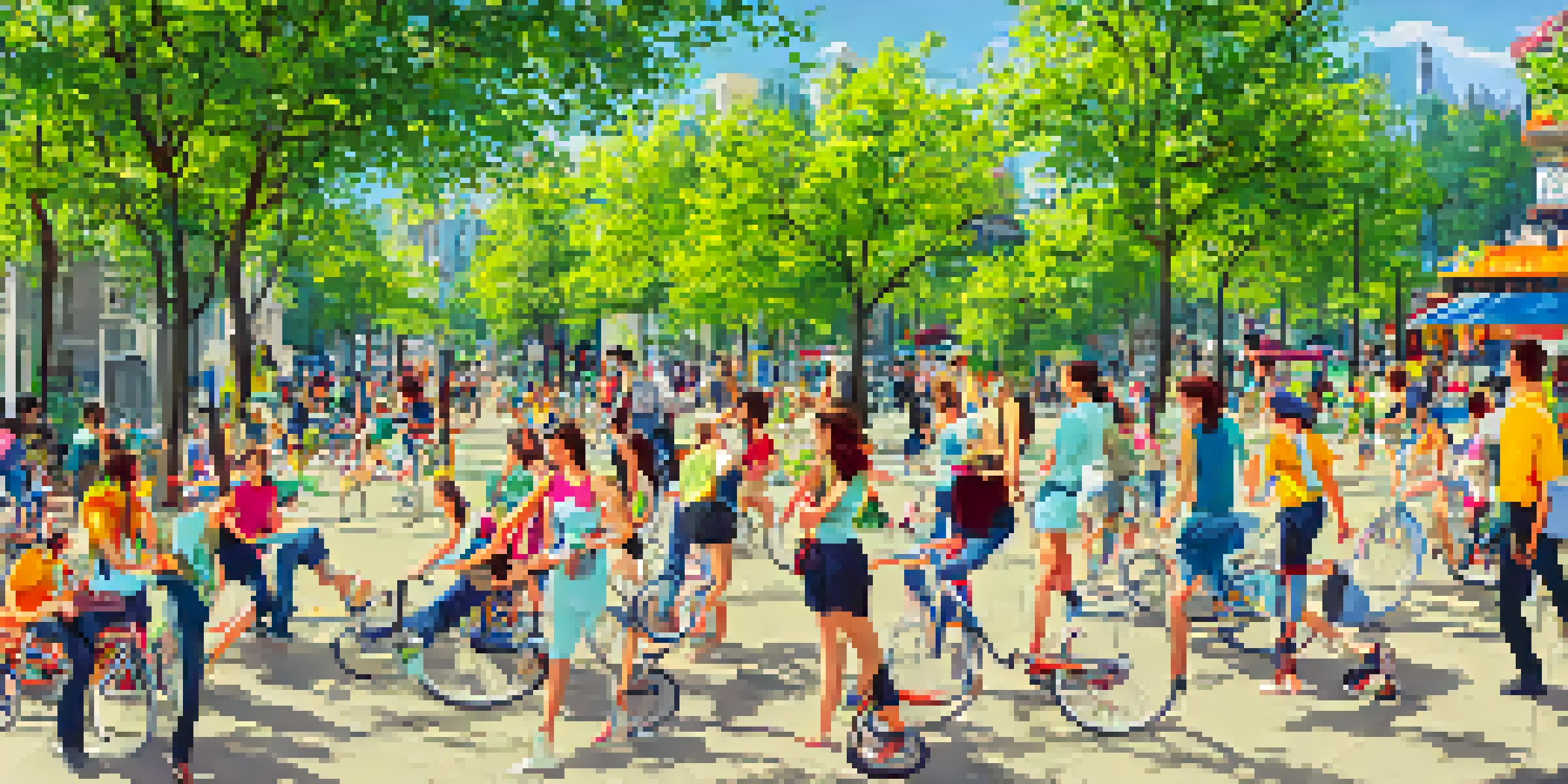 A lively urban street scene with millennials engaging in outdoor activities, including walking and cycling, with modern buildings and greenery in the background.