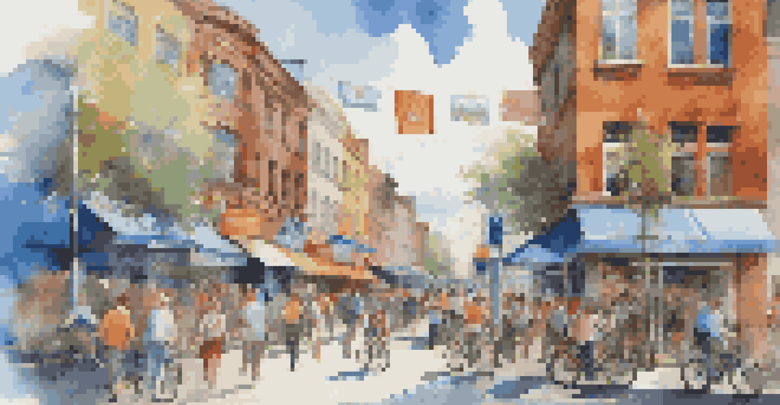 A vibrant urban commercial area filled with modern shops, pedestrians, and a clear blue sky.