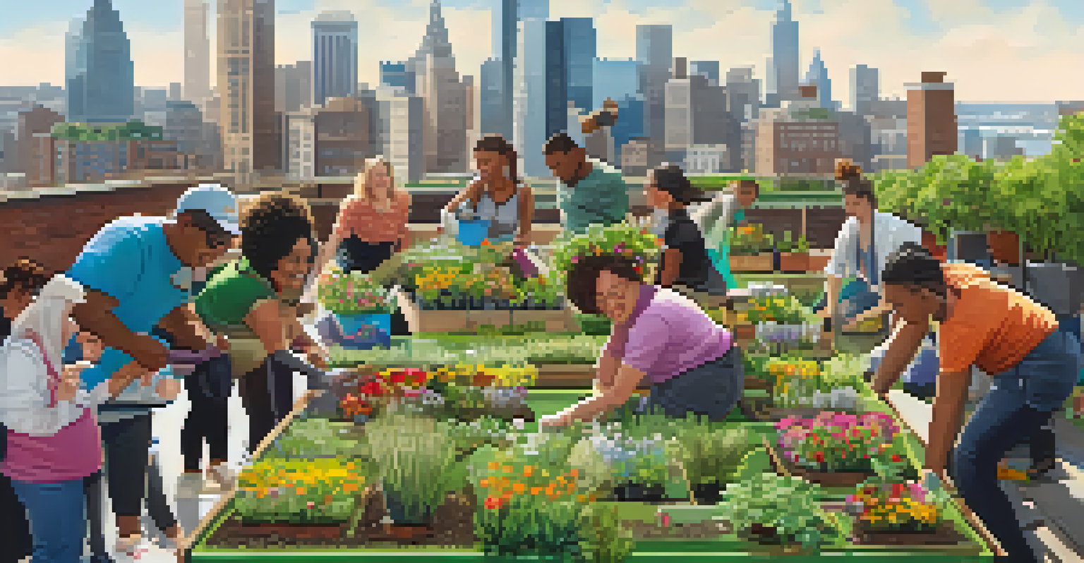 Residents participating in a community gardening event on a green roof, planting flowers and vegetables with a city skyline behind.