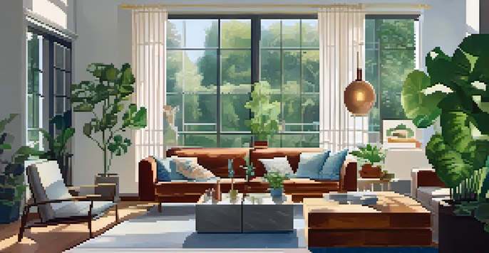 A couple in a cozy living room, discussing real estate documents, with houseplants and natural light.