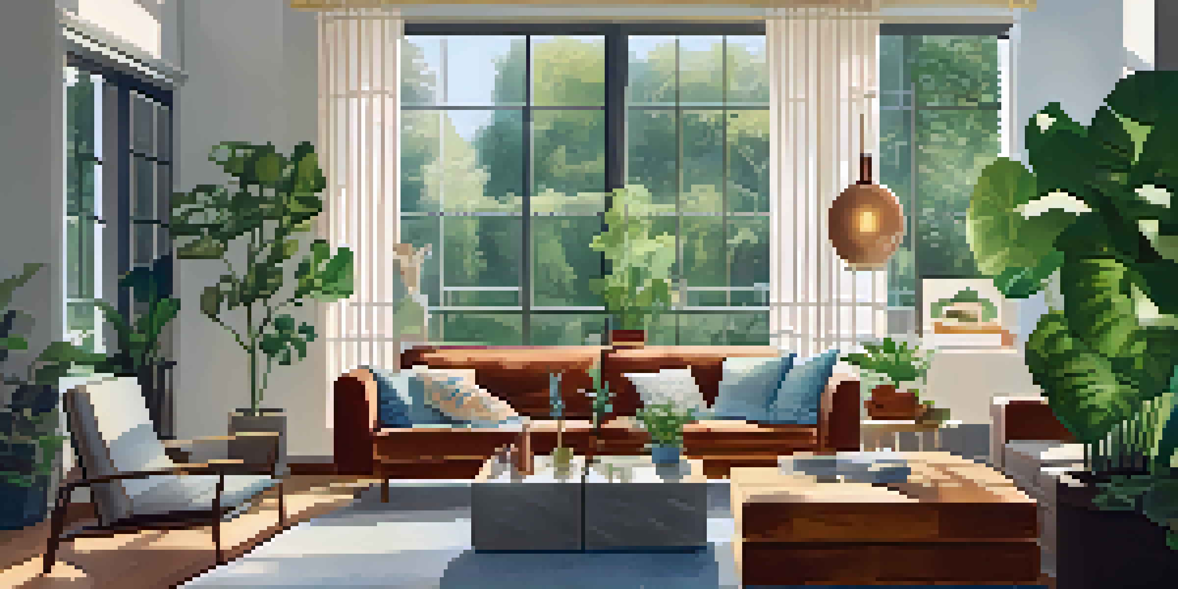 A couple in a cozy living room, discussing real estate documents, with houseplants and natural light.