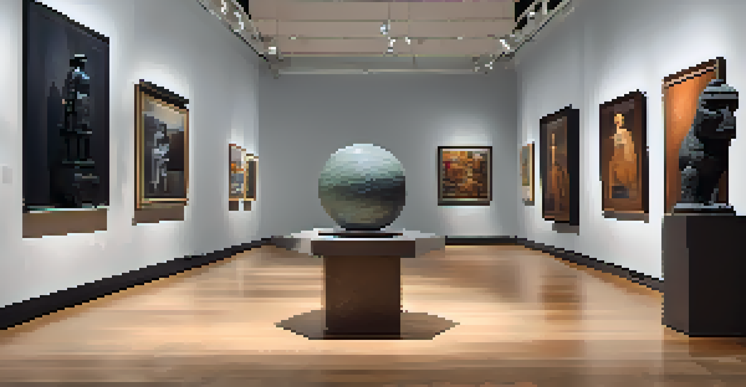 An art gallery with dynamic lighting showcasing sculptures and paintings, with spotlights on key pieces.