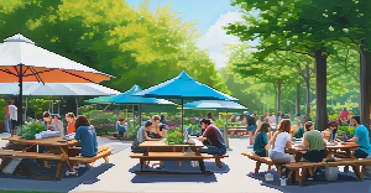 A lively outdoor community space where individuals work and collaborate surrounded by nature.