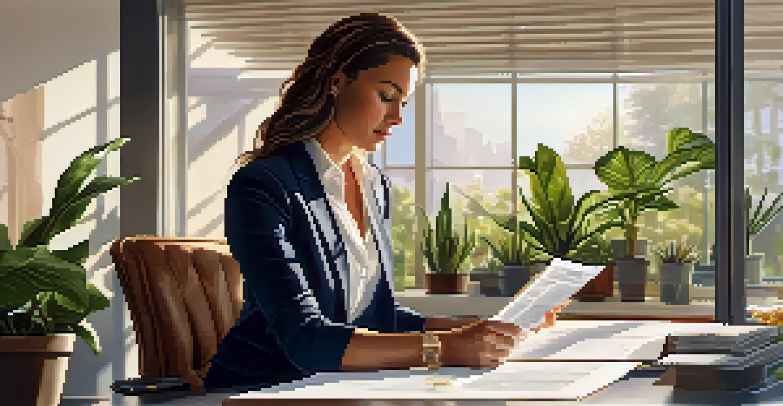 A professional woman in a bright office reviewing a real estate contract, with plants and a laptop on her desk, under sunlight.