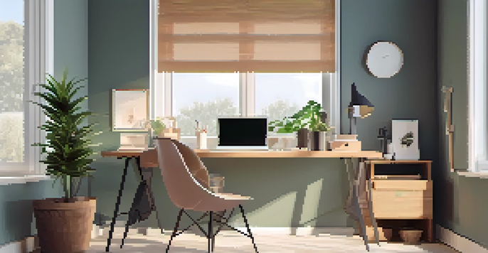 A clean and organized minimalist home office with a wooden desk, stylish lamp, and indoor plants, illuminated by natural light from a window.