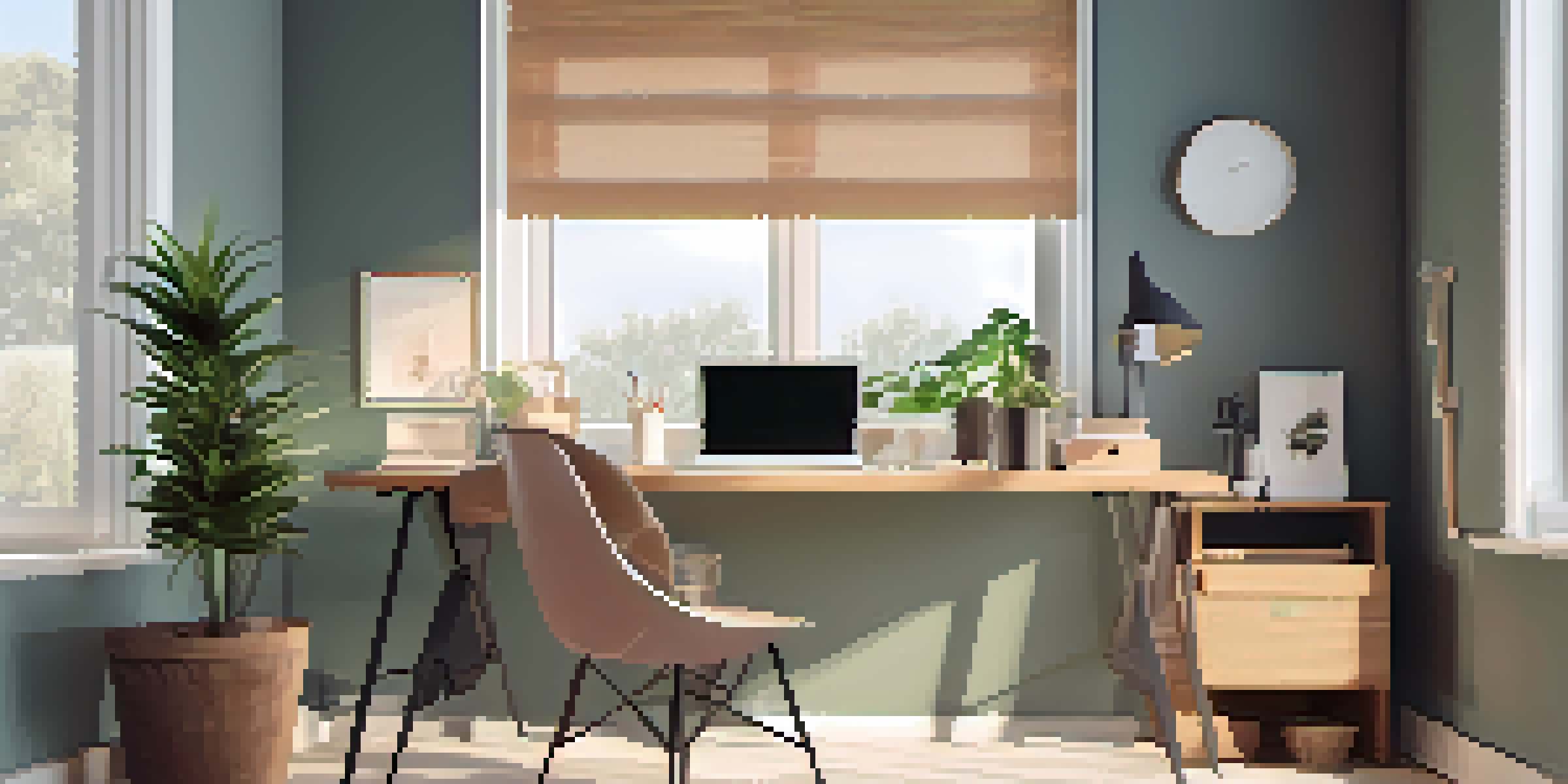 A clean and organized minimalist home office with a wooden desk, stylish lamp, and indoor plants, illuminated by natural light from a window.