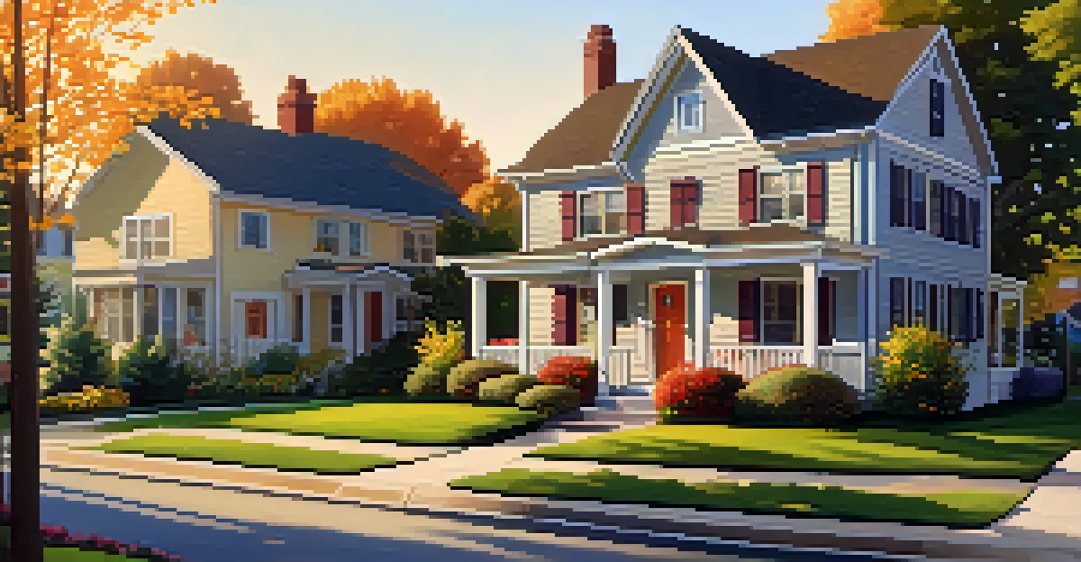 A picturesque suburban neighborhood with attractive houses, green lawns, and vibrant flower beds during golden hour.