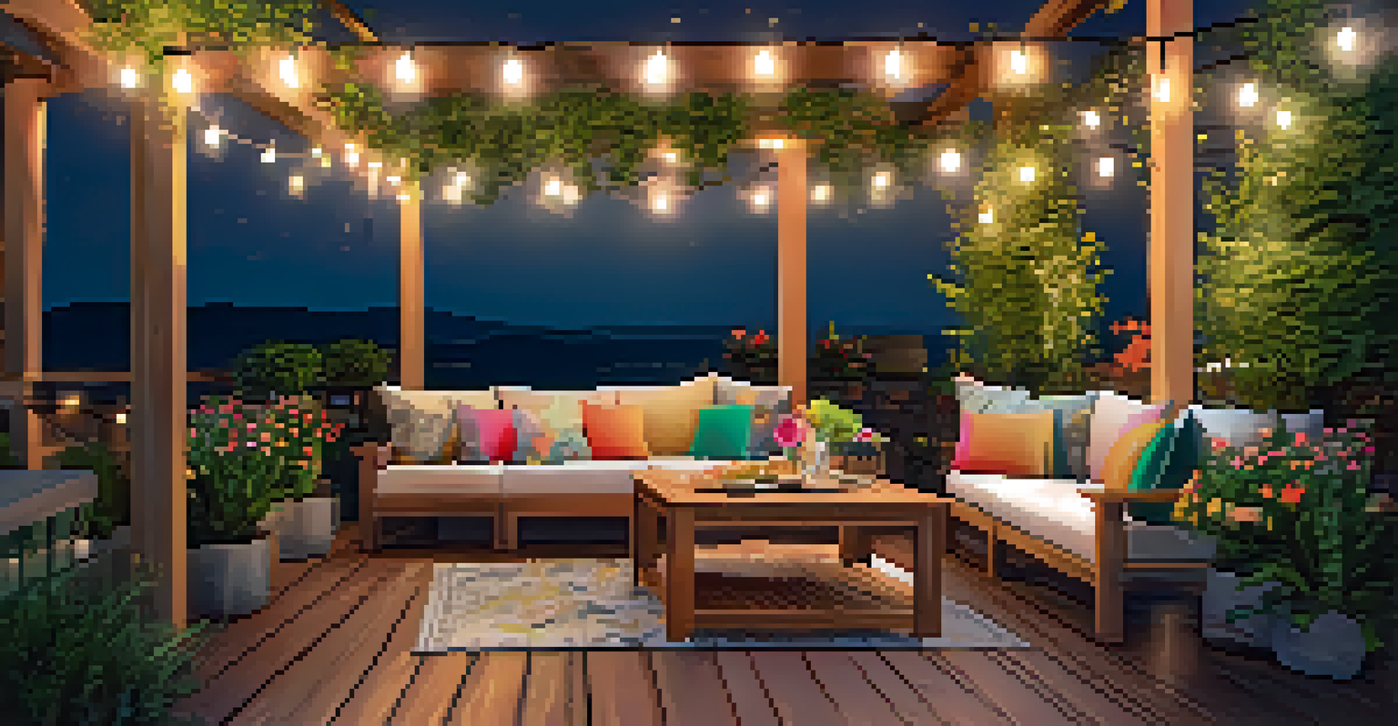 A serene outdoor patio with comfortable seating, surrounded by greenery and colorful flowers, illuminated by fairy lights.