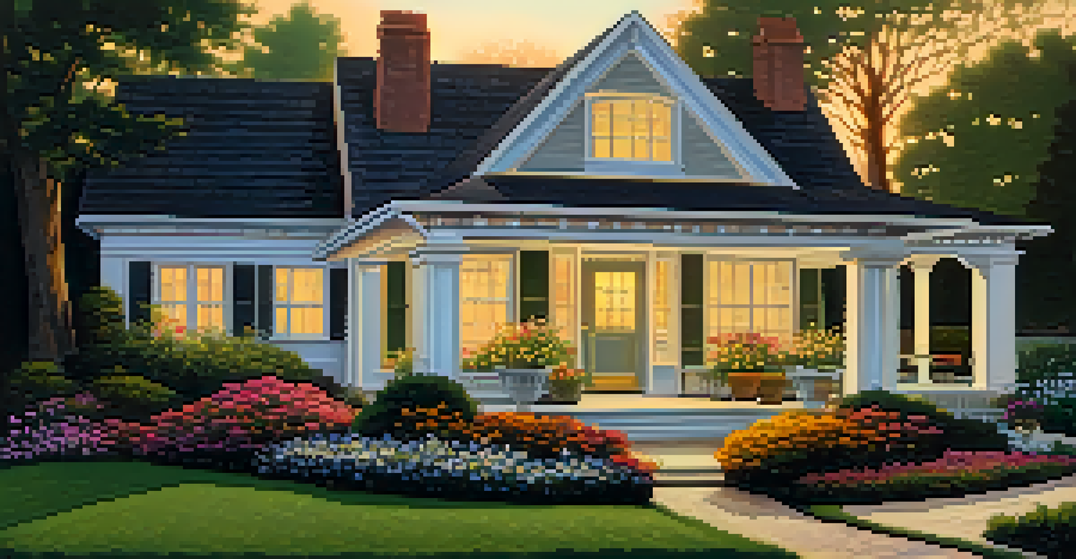 A charming house with a beautiful garden and a welcoming front porch during sunset.