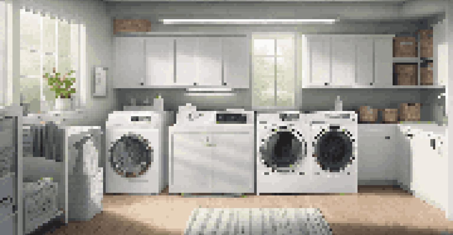 A bright and organized laundry room showcasing energy-efficient washers and dryers, with freshly washed clothes and a moisture sensor display.
