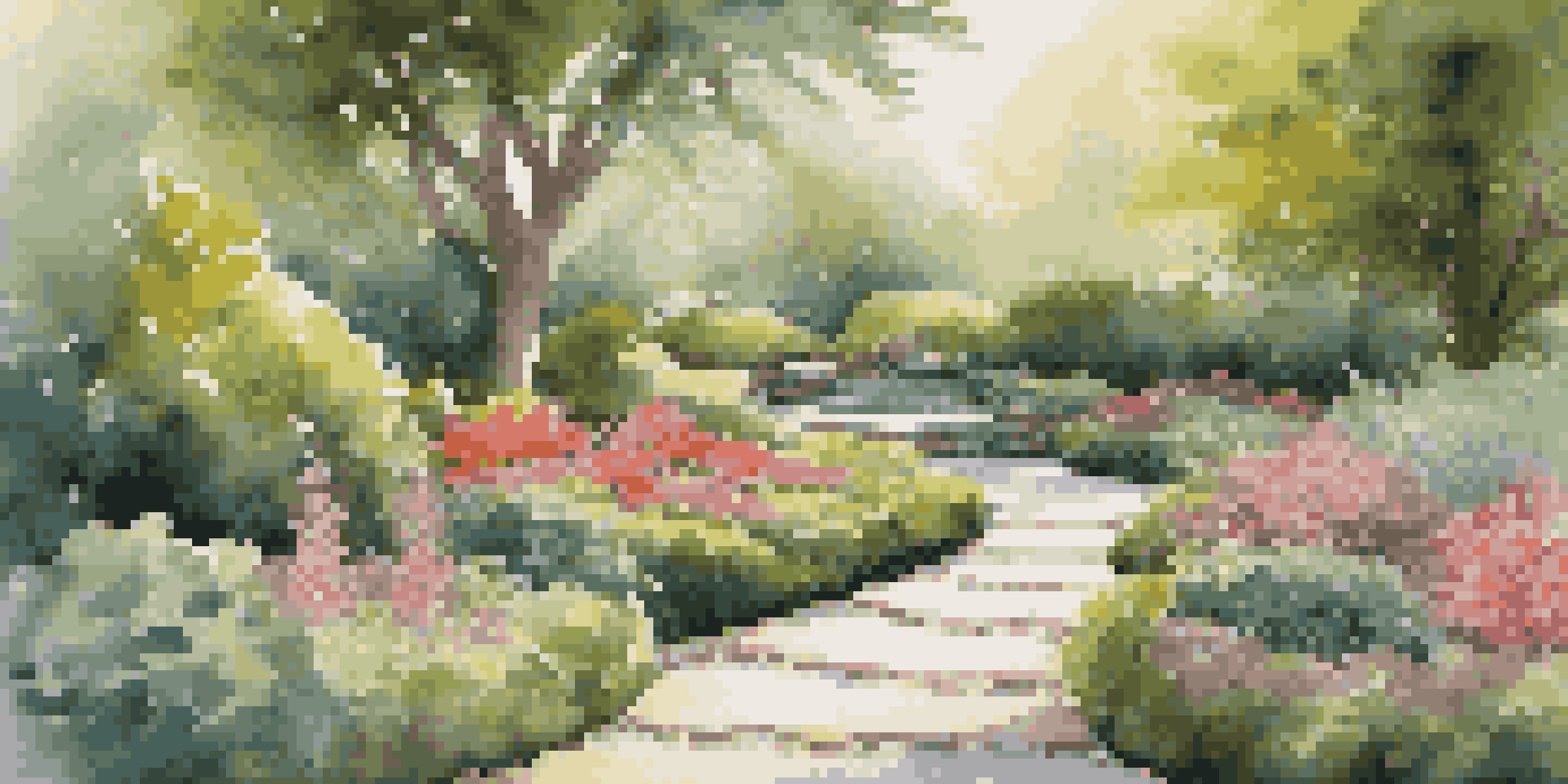 A peaceful meditation garden with a winding stone pathway, lush plants, colorful flowers, and a small pond, illuminated by soft sunlight.