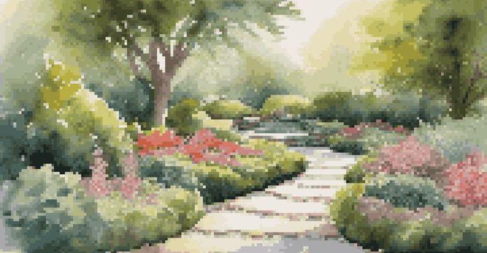 A peaceful meditation garden with a winding stone pathway, lush plants, colorful flowers, and a small pond, illuminated by soft sunlight.