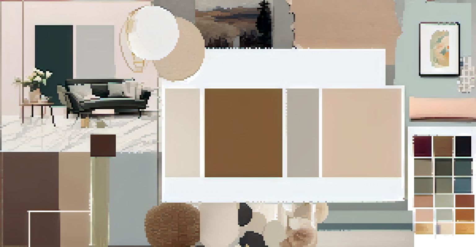 A mood board filled with fabric samples, paint chips, and magazine cutouts of home designs against a neutral background.