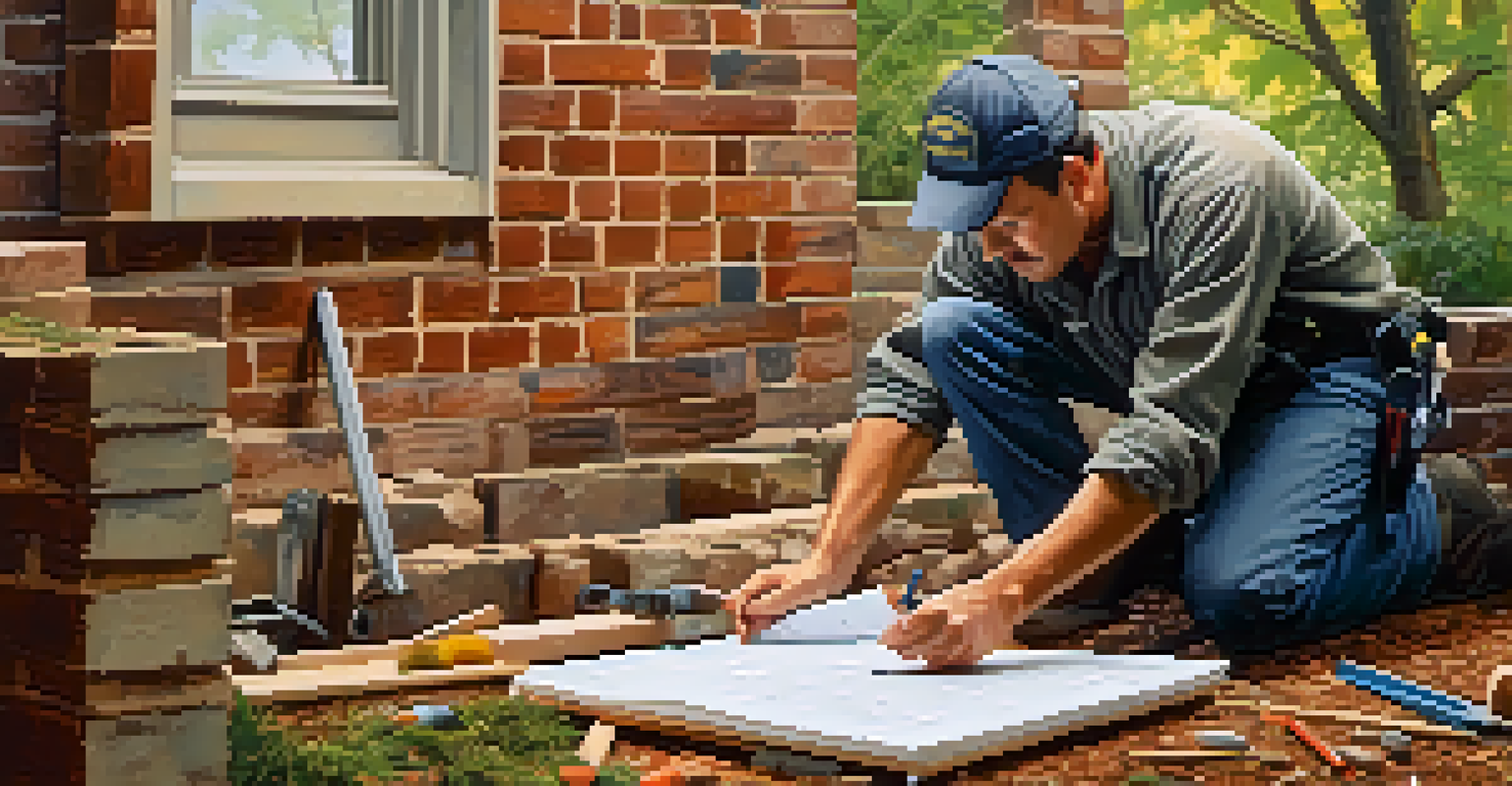 A home inspector closely examining the foundation of a house, with tools and a notepad, in a well-lit outdoor setting.