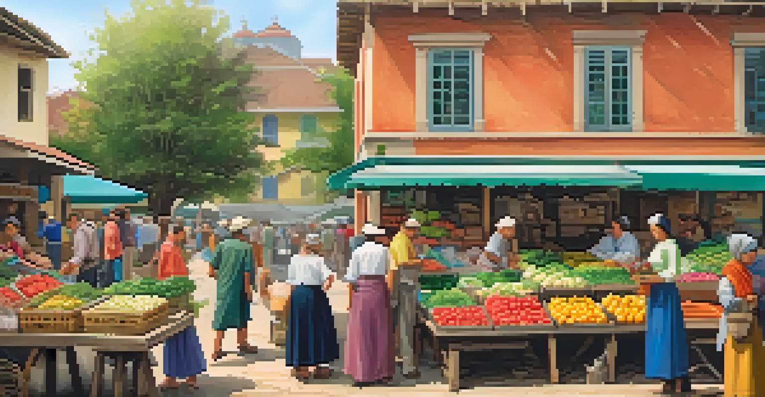 A lively rural market with colorful stalls, fresh produce, and vendors engaging with customers.