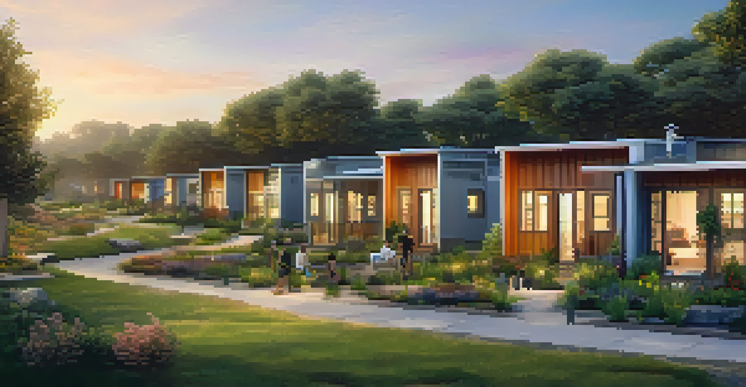 A sustainable modular housing community surrounded by greenery at sunset, showcasing eco-friendly houses with solar panels and walking paths.