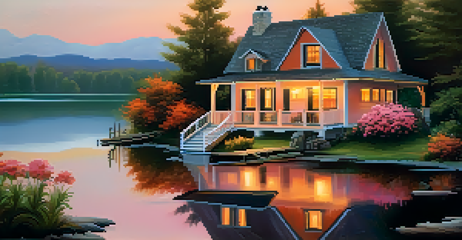 A lakeside cottage at sunset, with a dock and vibrant flowers on the porch, reflecting warm colors on the water.