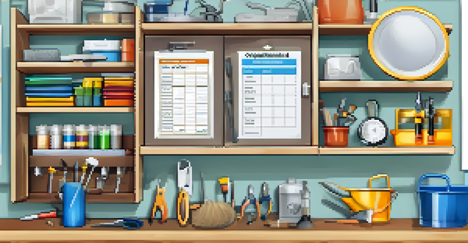 A digital tablet showing a home maintenance checklist surrounded by tools in a bright workshop, illustrating organization and preparedness.