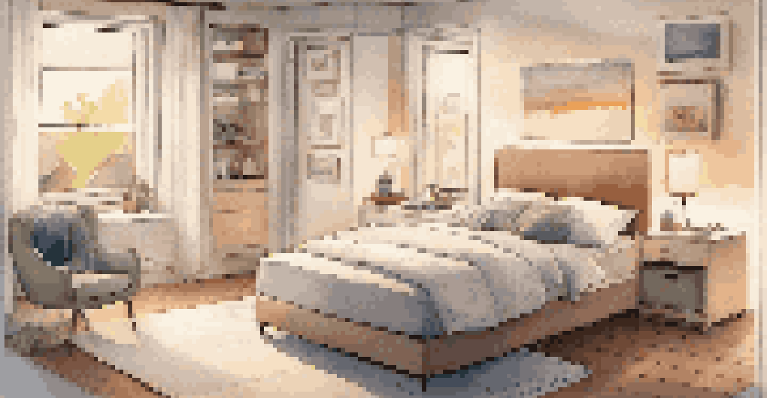A tranquil bedroom with automated smart lighting and a smart thermostat, designed for relaxation and comfort.