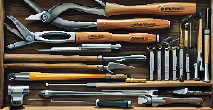 A well-organized tool kit with hand tools on a wooden workbench, illuminated by natural light.