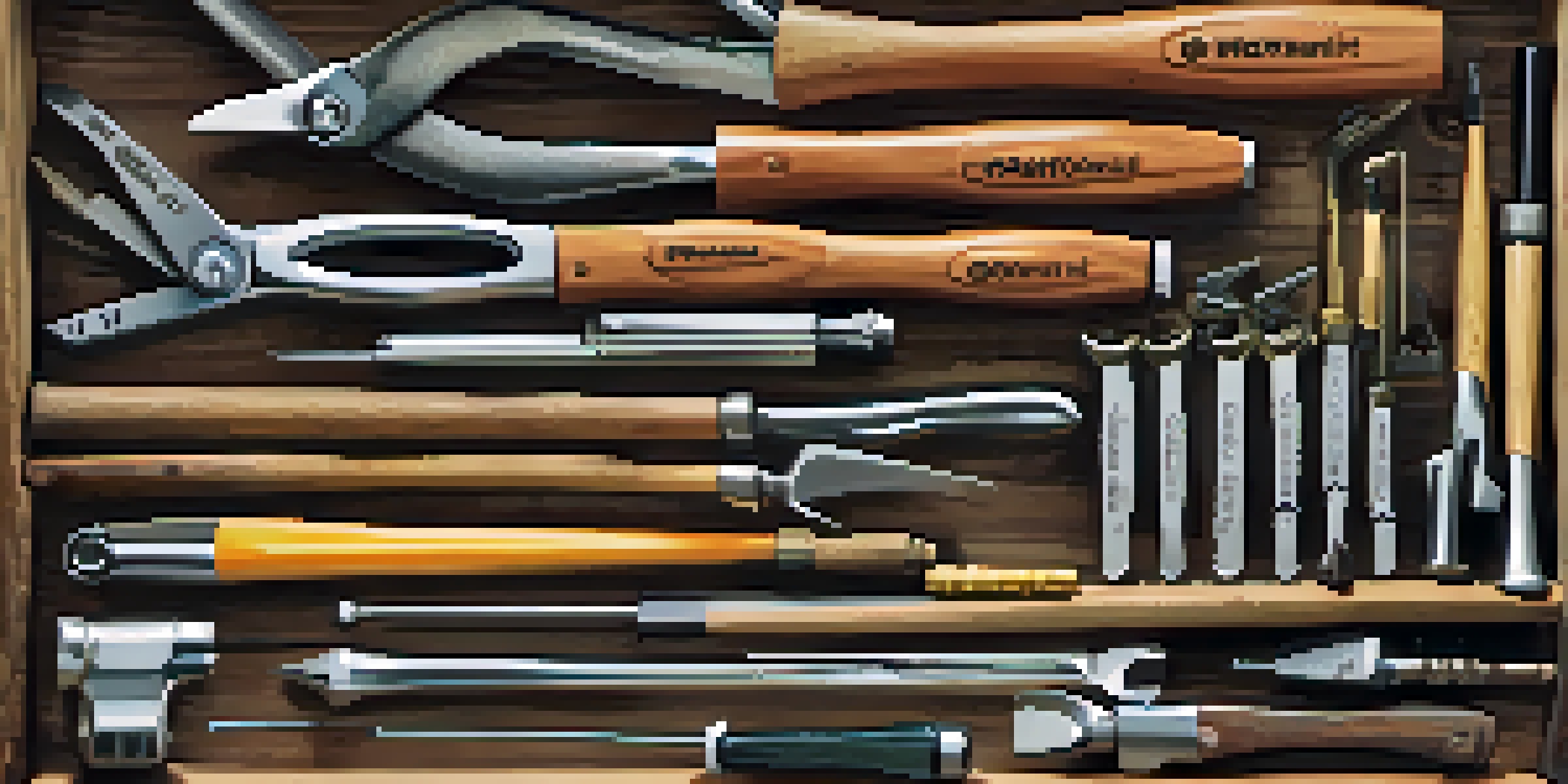 A well-organized tool kit with hand tools on a wooden workbench, illuminated by natural light.