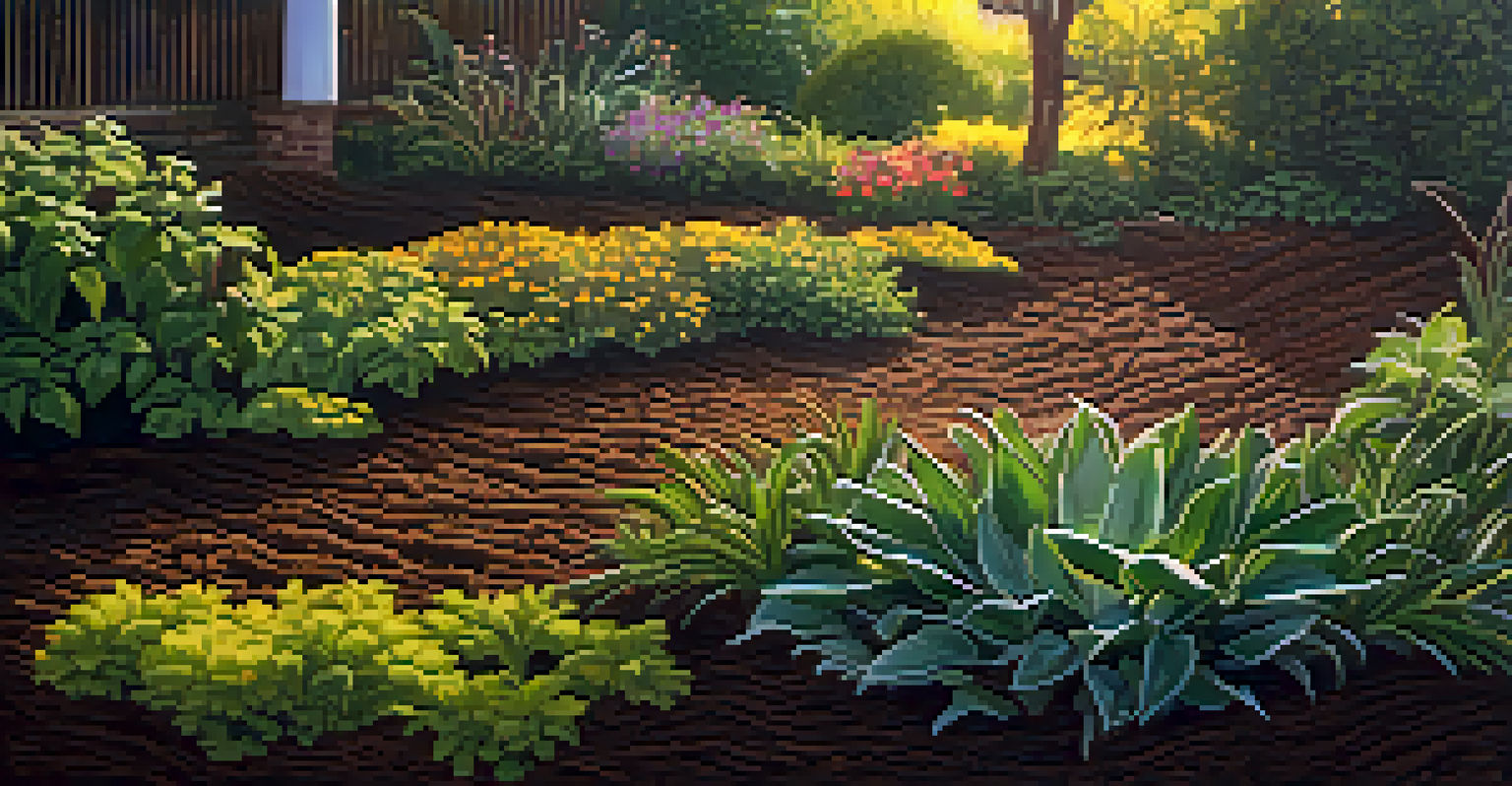 A close-up of healthy garden soil rich in organic material, surrounded by plants and warmed by sunlight.
