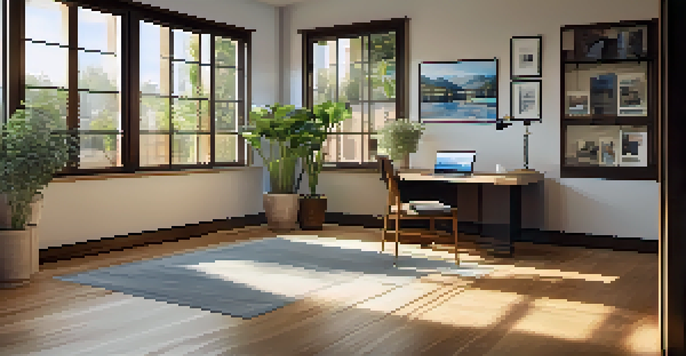A calm real estate office with a wooden desk, a laptop, and a potted plant, illuminated by soft sunlight.