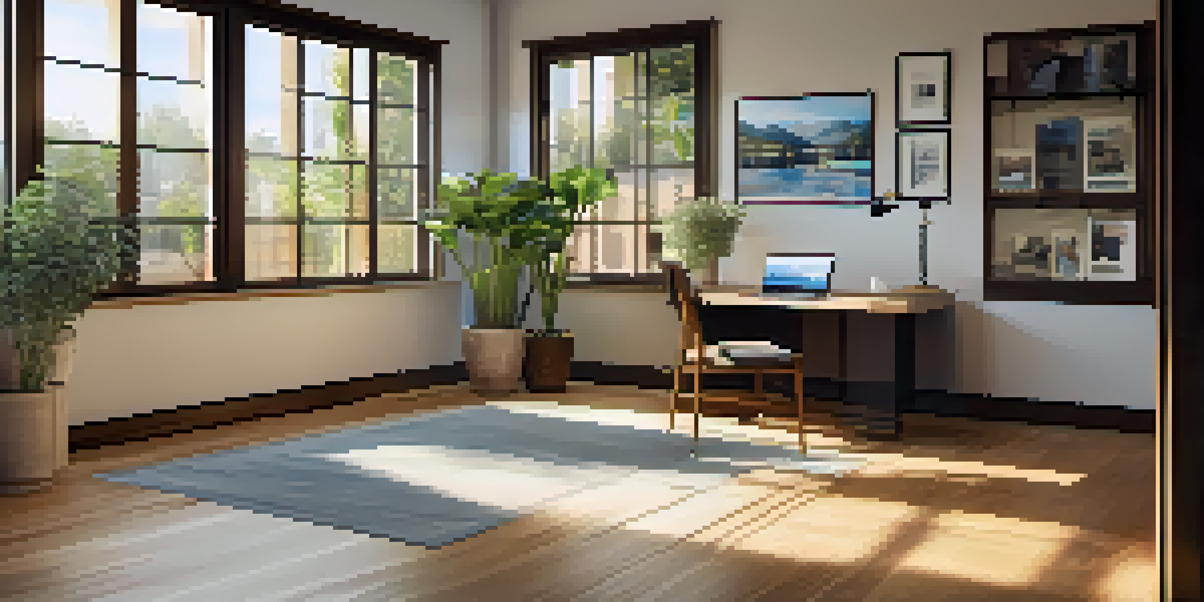 A calm real estate office with a wooden desk, a laptop, and a potted plant, illuminated by soft sunlight.