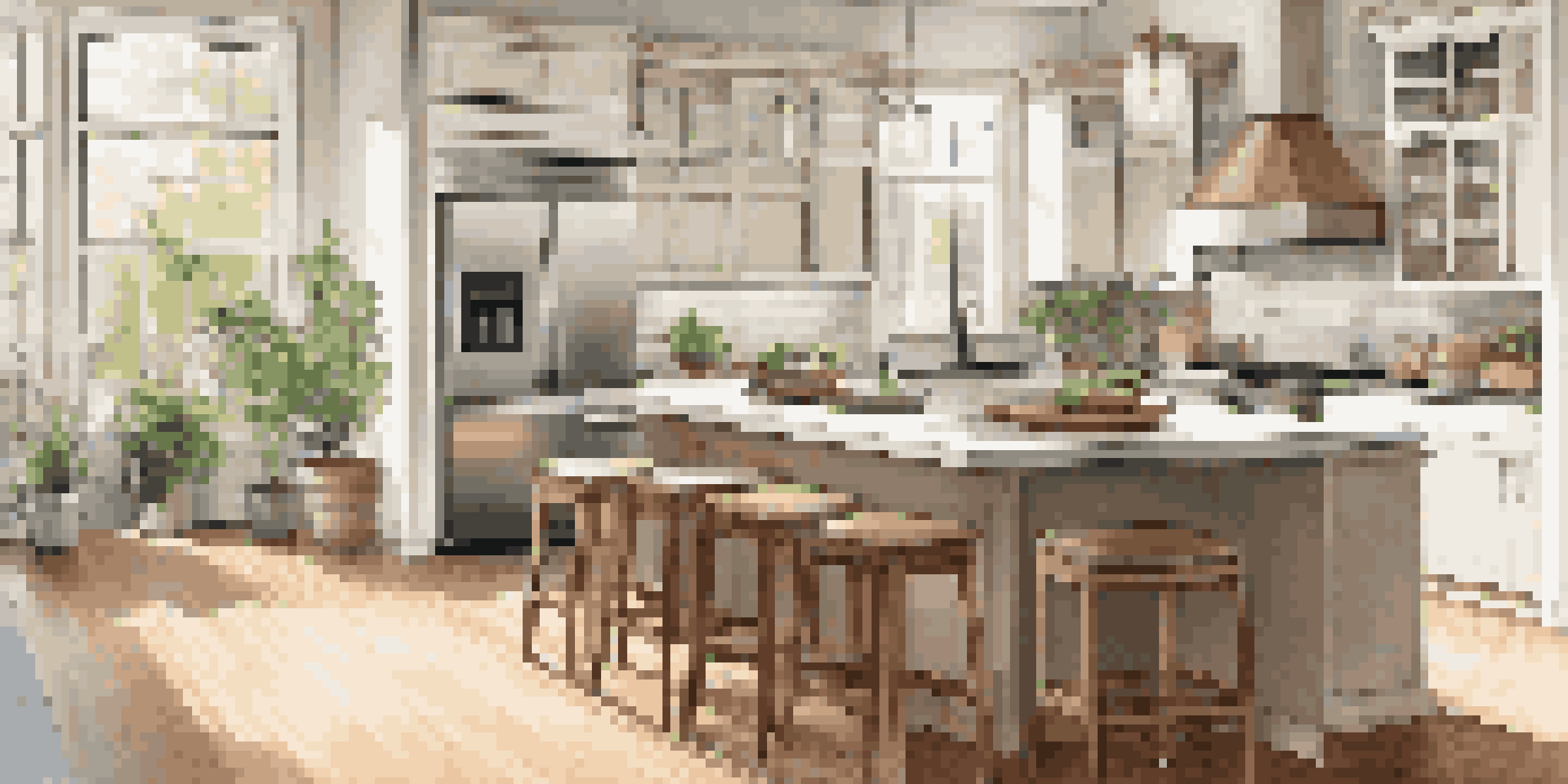 A renovated kitchen with bright natural light, modern appliances, and polished hardwood floors.