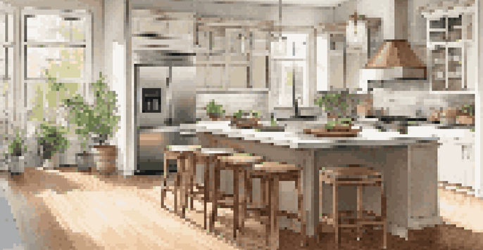 A renovated kitchen with bright natural light, modern appliances, and polished hardwood floors.