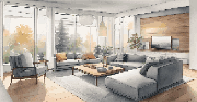 A contemporary living room showcasing smart home technology with automated lighting and a smart thermostat.