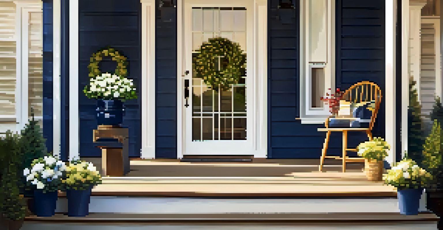 An elegant front porch featuring a navy blue door, seasonal wreaths, outdoor chairs, and a vase of flowers, illuminated by golden hour sunlight.