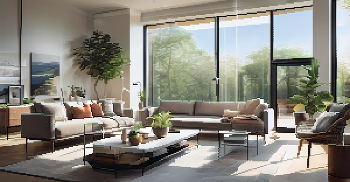 A bright living room with a tablet displaying live video feeds from smart home security cameras.