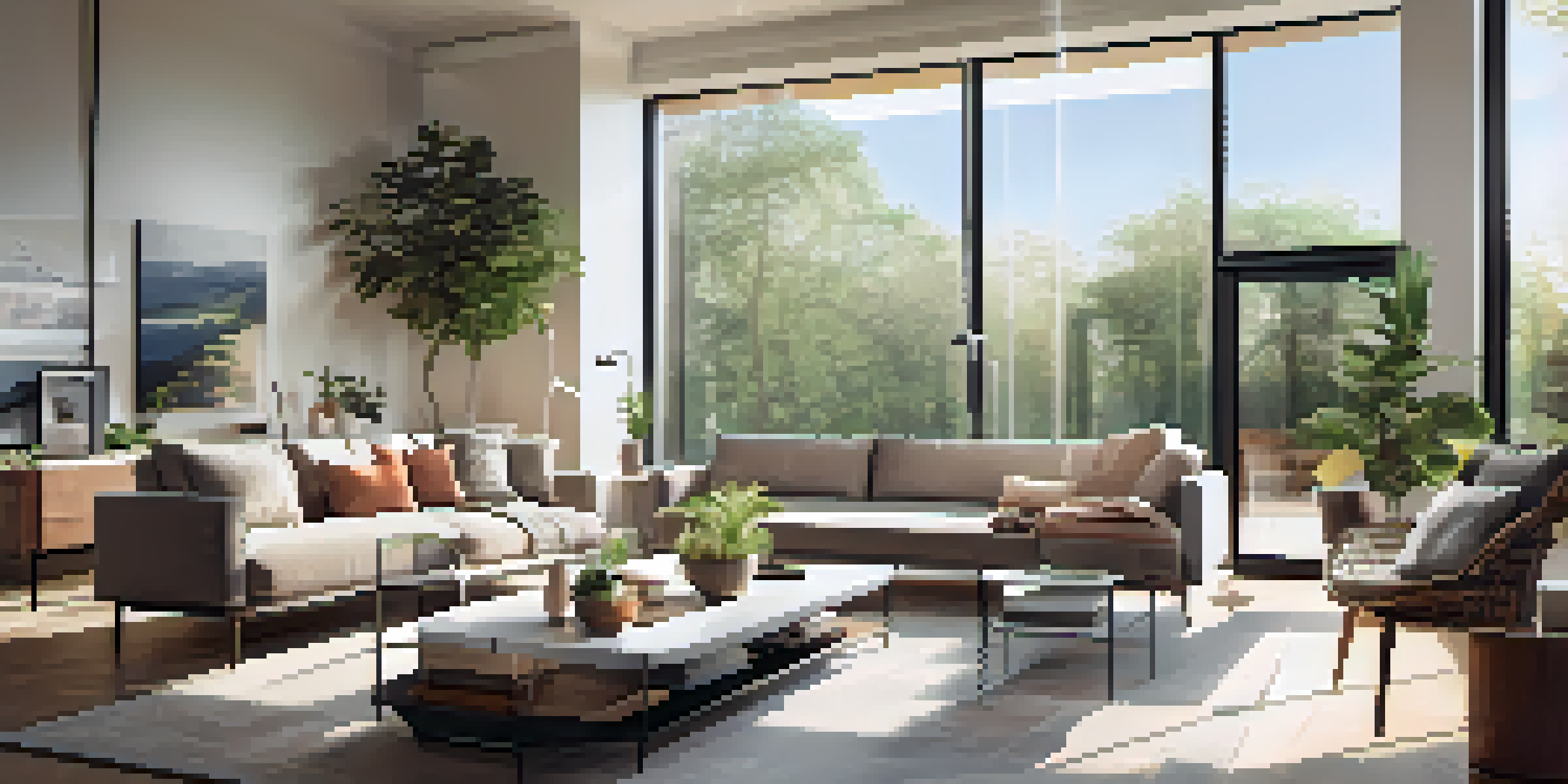 A bright living room with a tablet displaying live video feeds from smart home security cameras.