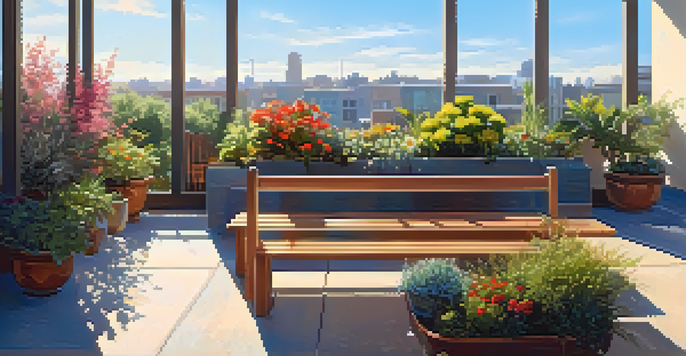 A vibrant rooftop garden filled with diverse plants, a wooden bench, and birds in soft morning sunlight.