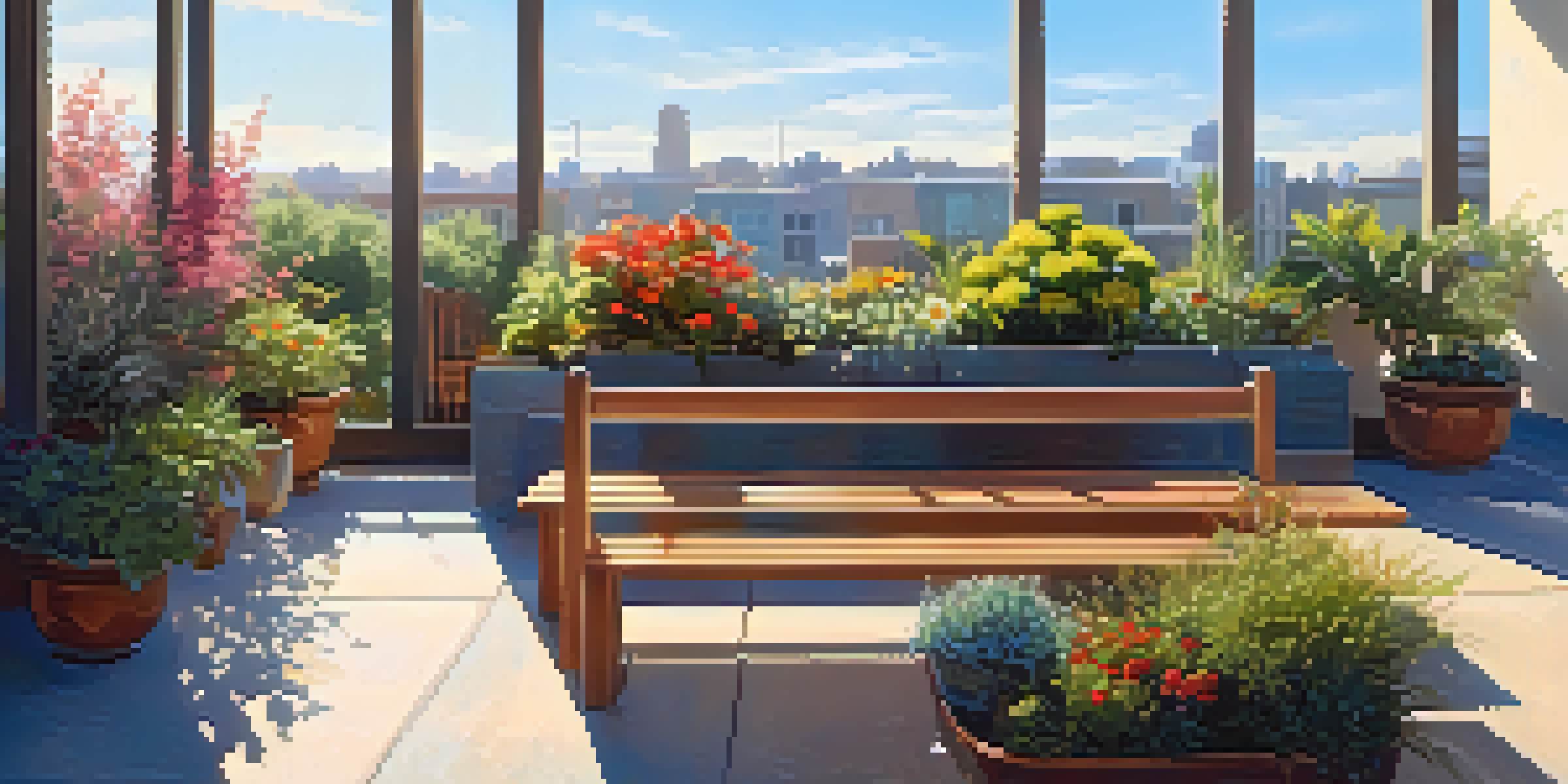 A vibrant rooftop garden filled with diverse plants, a wooden bench, and birds in soft morning sunlight.