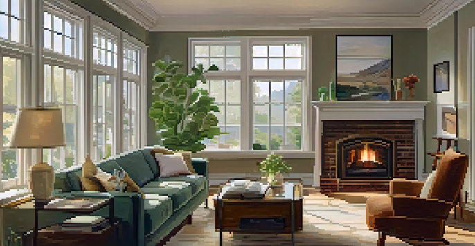 A cozy living room with a couch, coffee table, and a fireplace, filled with natural light from large windows.