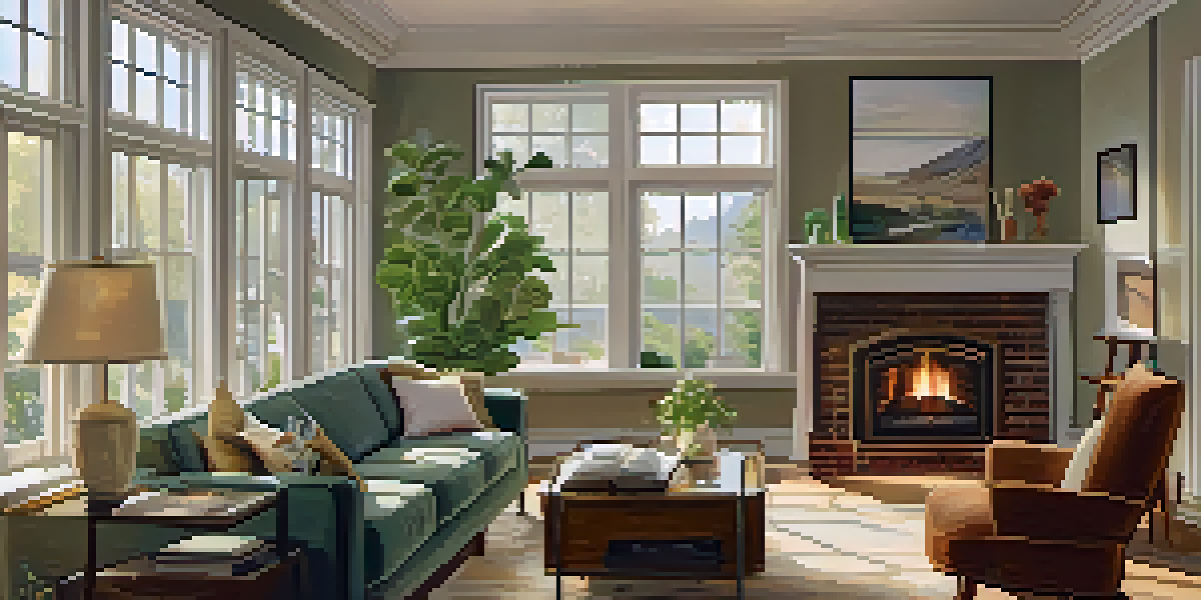 A cozy living room with a couch, coffee table, and a fireplace, filled with natural light from large windows.