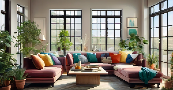 A cozy living room filled with natural light, featuring a comfortable sofa with colorful cushions, a coffee table with a mug, and indoor plants.
