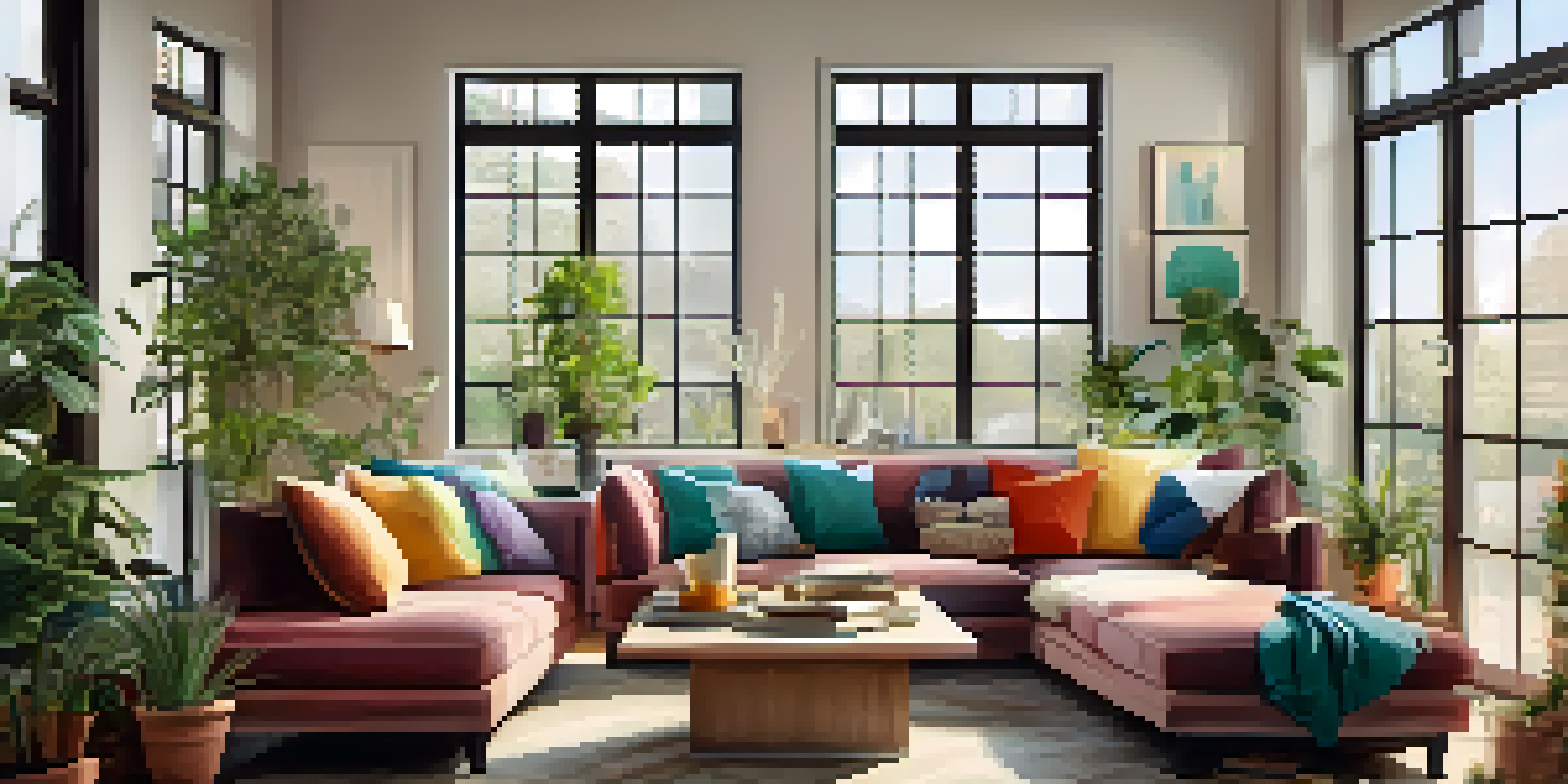 A cozy living room filled with natural light, featuring a comfortable sofa with colorful cushions, a coffee table with a mug, and indoor plants.