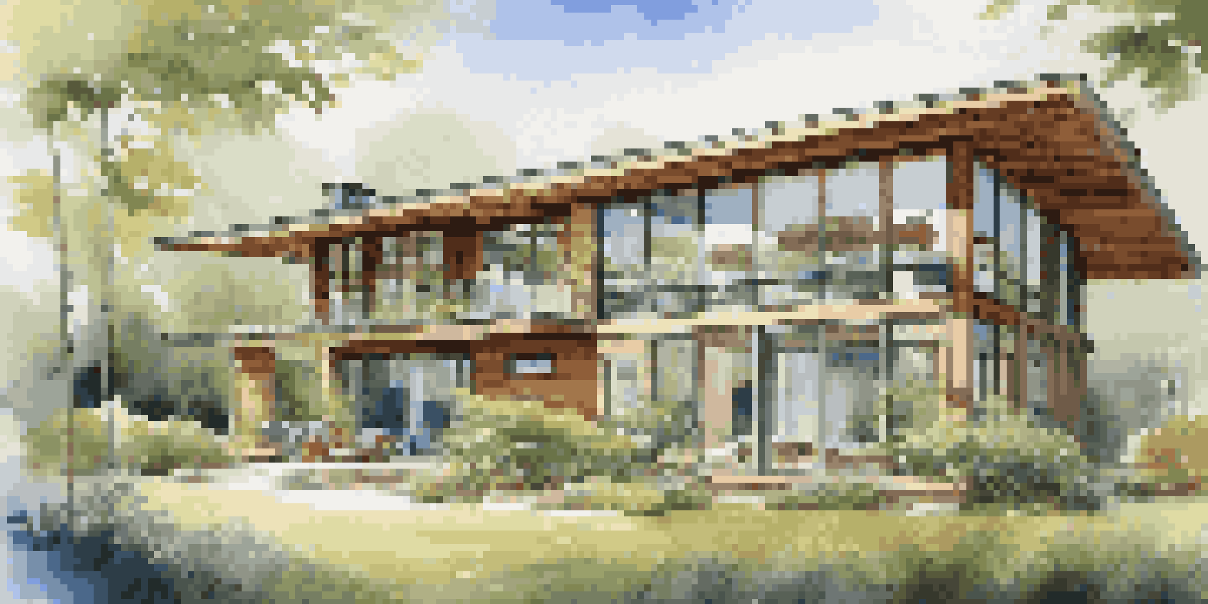 A modern home designed with passive cooling techniques, featuring large windows and eco-friendly materials, surrounded by greenery under a clear blue sky.