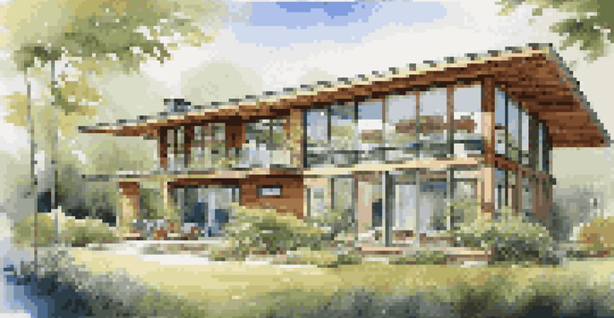 A modern home designed with passive cooling techniques, featuring large windows and eco-friendly materials, surrounded by greenery under a clear blue sky.