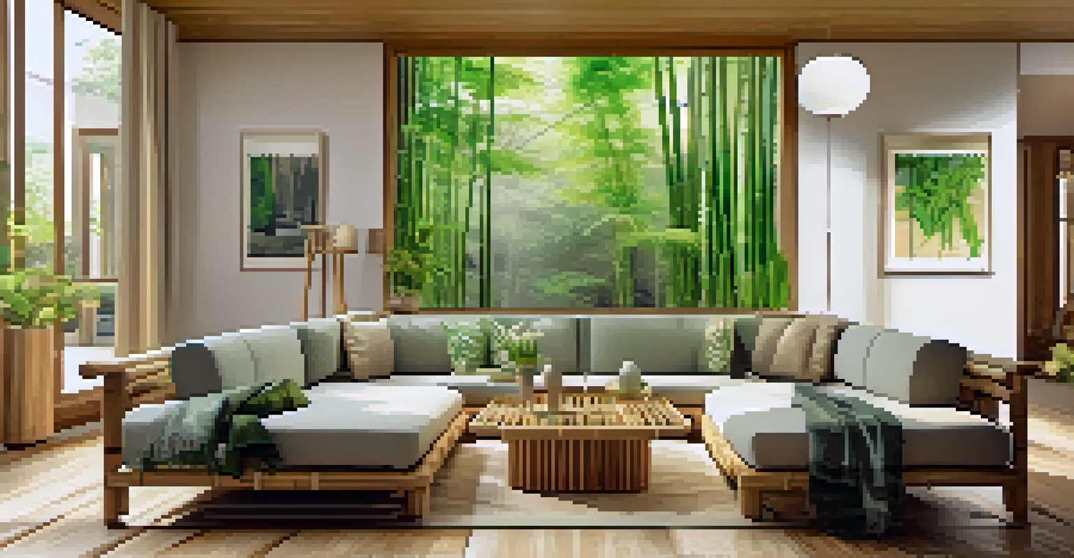 A bright and airy living room decorated with bamboo furniture and flooring, filled with natural light and greenery.