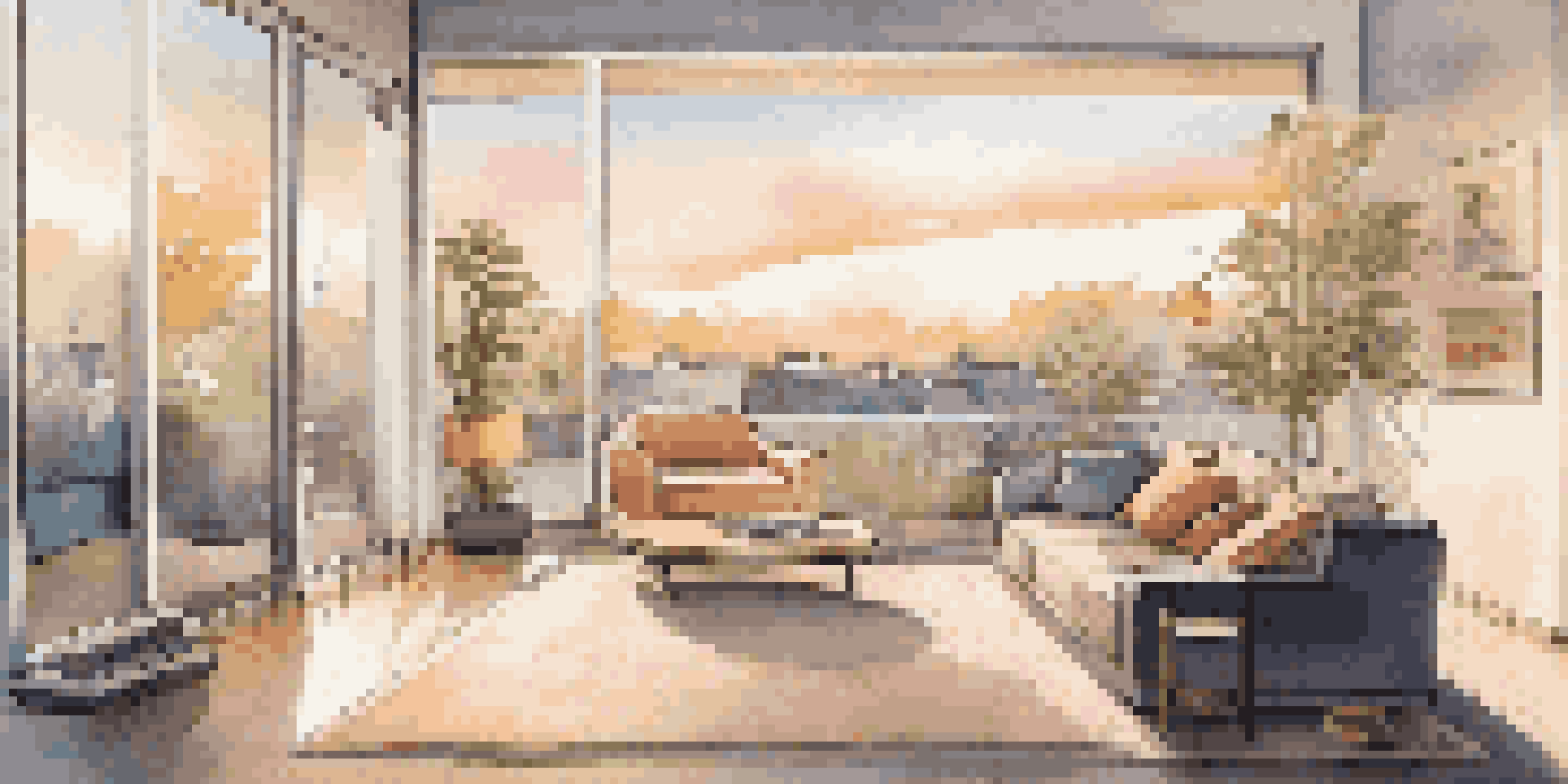 A contemporary living room with a home security system panel on the wall and a cat resting on the sofa, bathed in warm light.