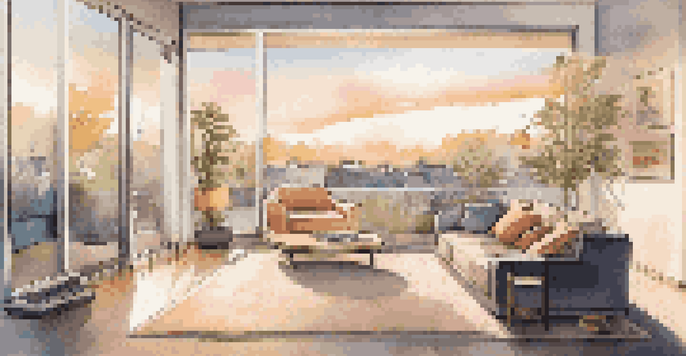 A contemporary living room with a home security system panel on the wall and a cat resting on the sofa, bathed in warm light.