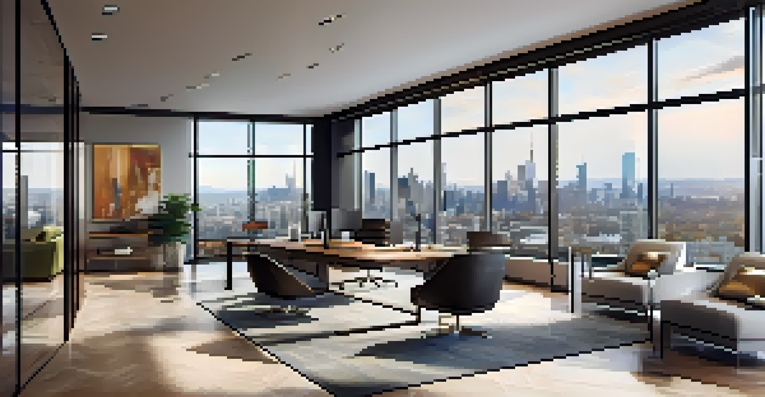 A modern real estate office interior with sleek furniture, large windows, and agents discussing luxury property investments.